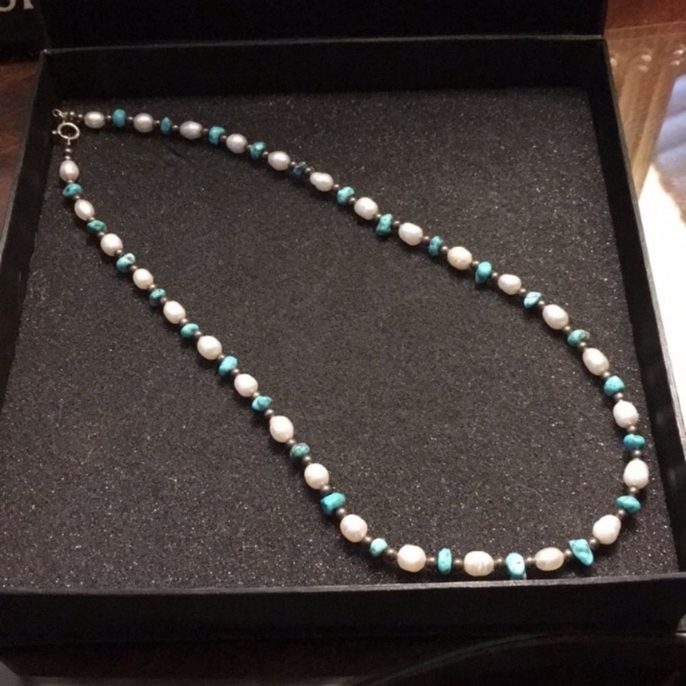 Pearl, turquoise and silver necklace
